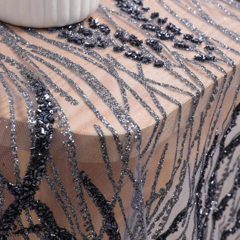 Silver Black Sequins And Black Bead Tube Wedding Dress Fabric