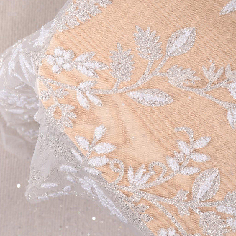 Wedding Fabric With Silver Sequins And Pearls