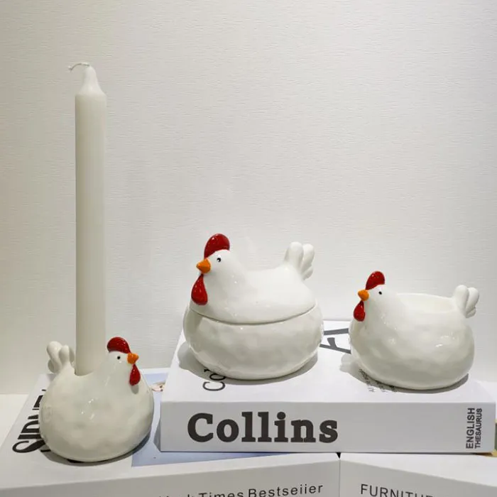 鸡，鸡蛋造型装饰花插烛台陶瓷摆件