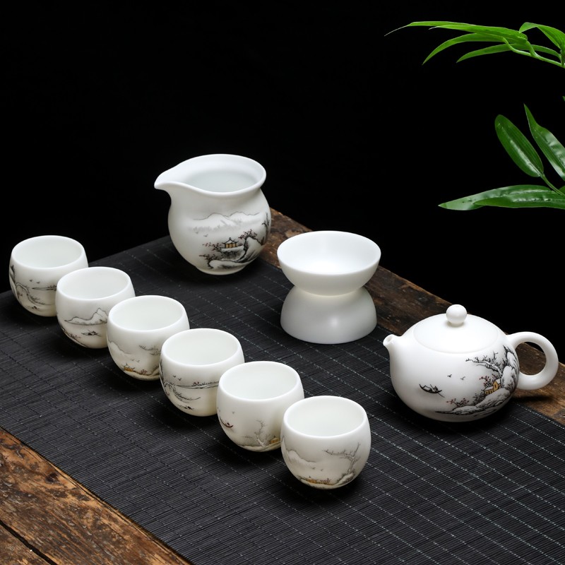 Mutton Fat Jade Porcelain  Hand-painted Customizable Pattern Kung Fu Tea Set