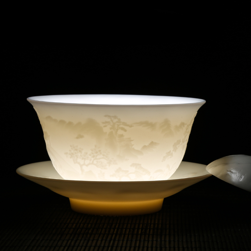 Mutton fat jade porcelain embossed kung fu tea set