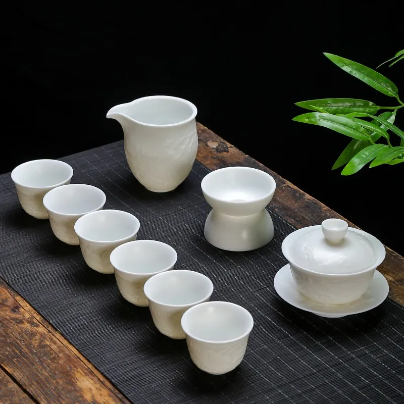 羊脂玉瓷浮雕盖碗功夫茶具