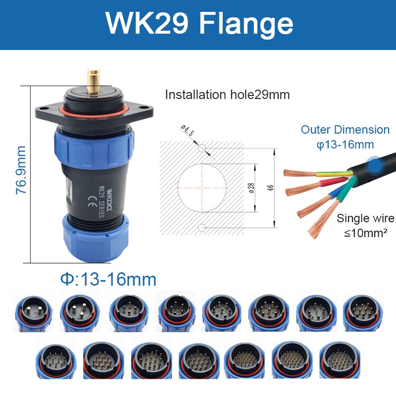 Circular Wk29 Flange Waterproof Connector IP68 Aviation Cable Wire Plug Mount Socket Sp29