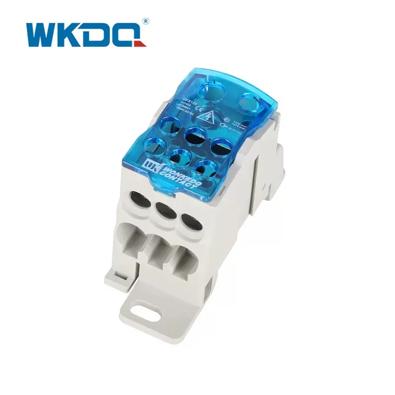 Morsettiera unipolare per la distribuzione di energia elettrica su guida DIN UKK 125A mini, blocchetto connettore a vite in blu e grigio
