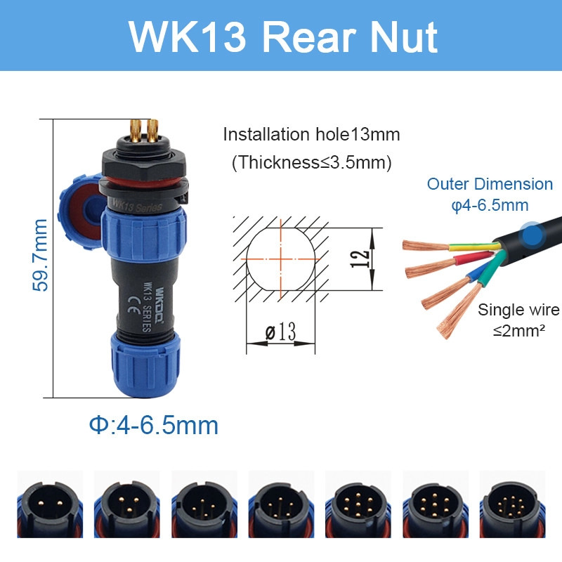 Sp Durable Waterproof Plug Socket Connector IP68 Circular Battery Cable Wk13 Rear Nut Pins