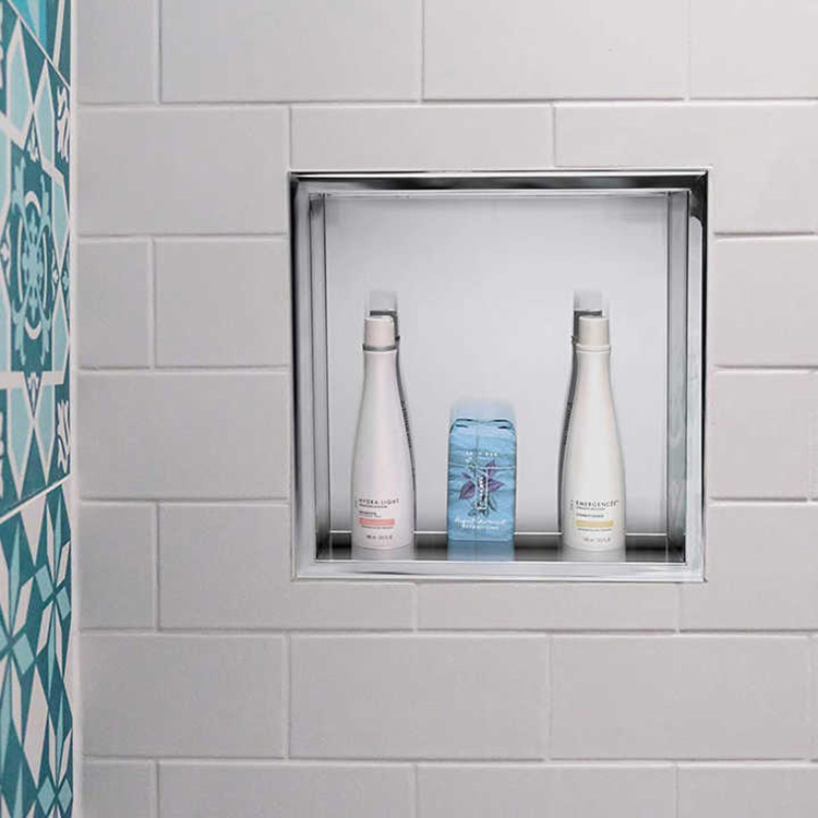 Chuveiro de nicho de parede horizontal polido espelhado para armazenamento de banheiro