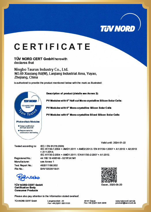 Certificato OSDA-TUV (pannello piccolo)