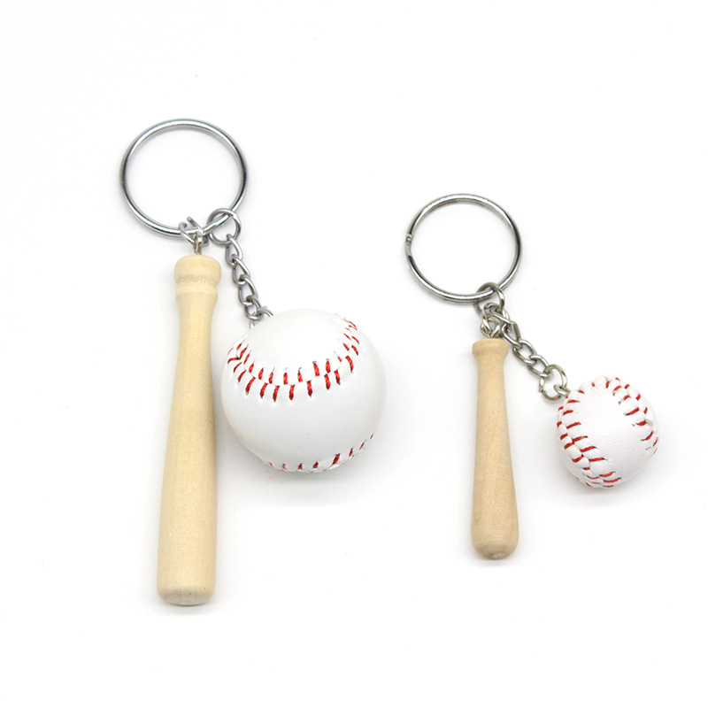2021 Hot White Color Pu Leather Sports Baseball and Wooden Bat Key Chain Key Ring Set Gift