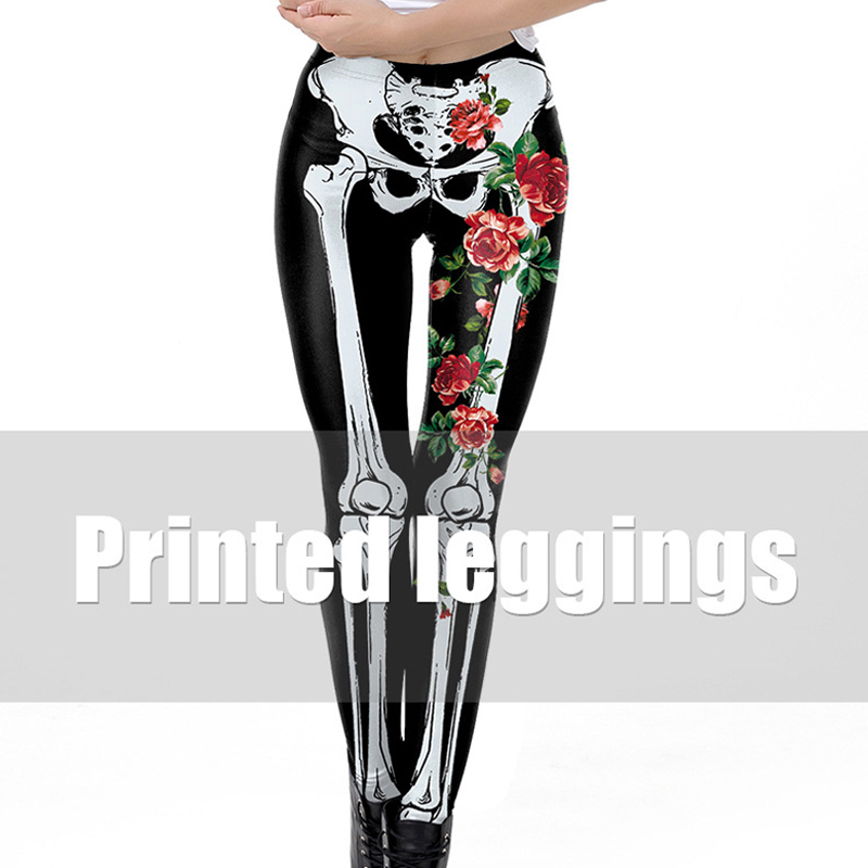 Halloween rose flower human skeleton digital printed leggings