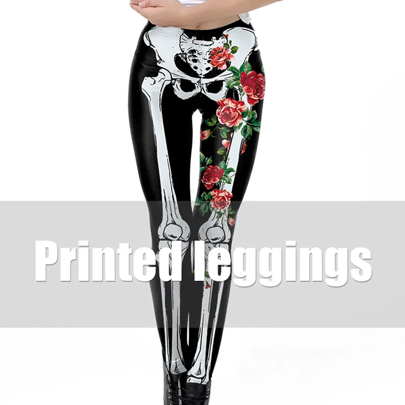 Leggings con estampado digital de esqueleto humano de flor rosa de Halloween