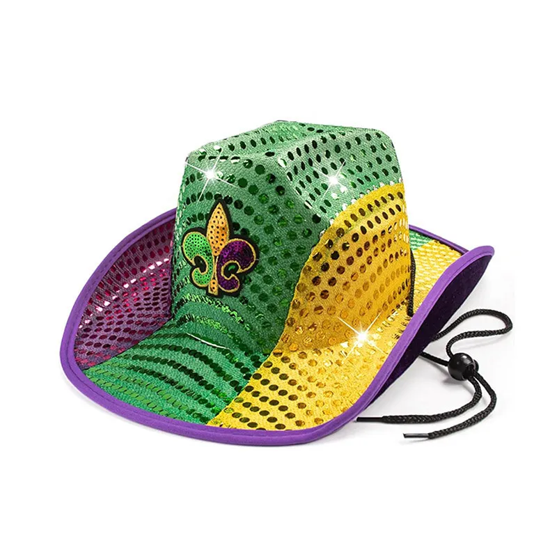 Light Up Cowboy Kostume Mardi Gras Cowboy Hat med pailletter