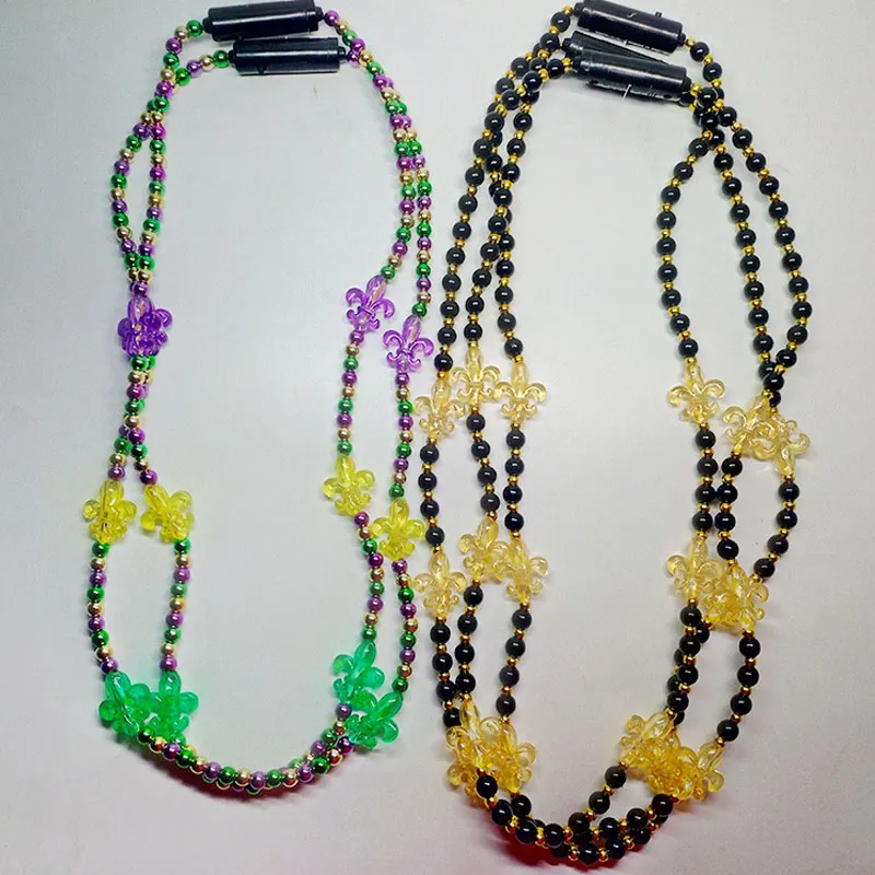 Light Up LED Mardi Gras Fleur De Lis Beads Necklace