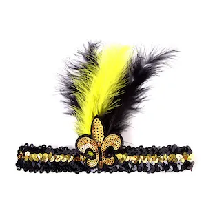 Diadema de plumas de lentejuelas negras y doradas de Mardi Gras con flor de lis