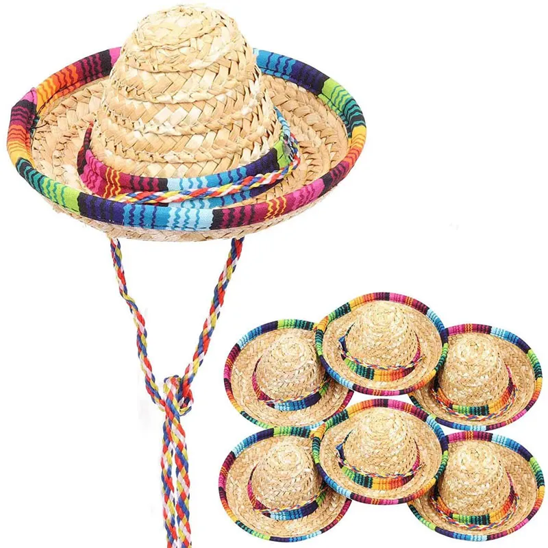 Sombrero de paja para perro y gato, hebilla ajustable para mascota, multicolor