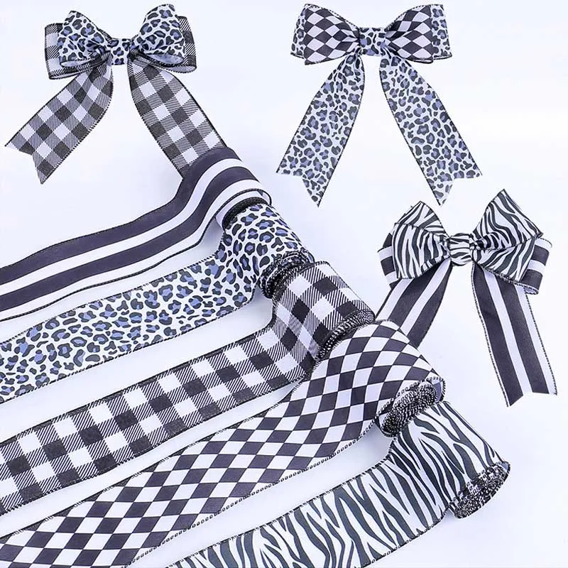 Wired Edge White And Black Plaid Craft Ribbon