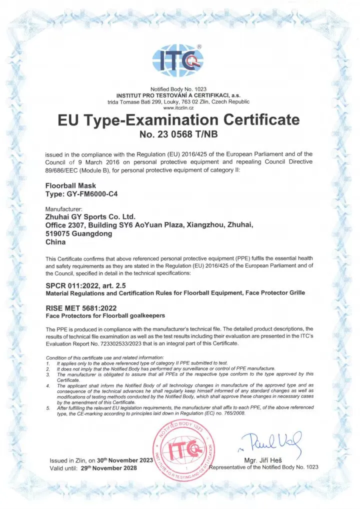 GY:s innebandymask uppnår CE-certifiering