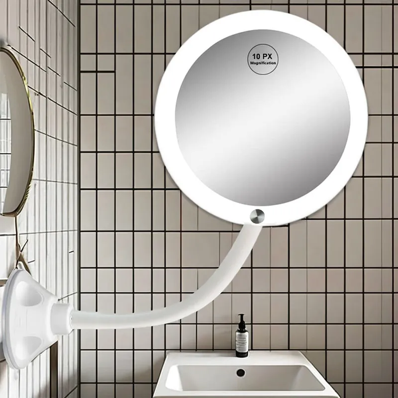 Specchio da bagno per trucco LED con ingrandimento 10x flessibile a collo di cigno