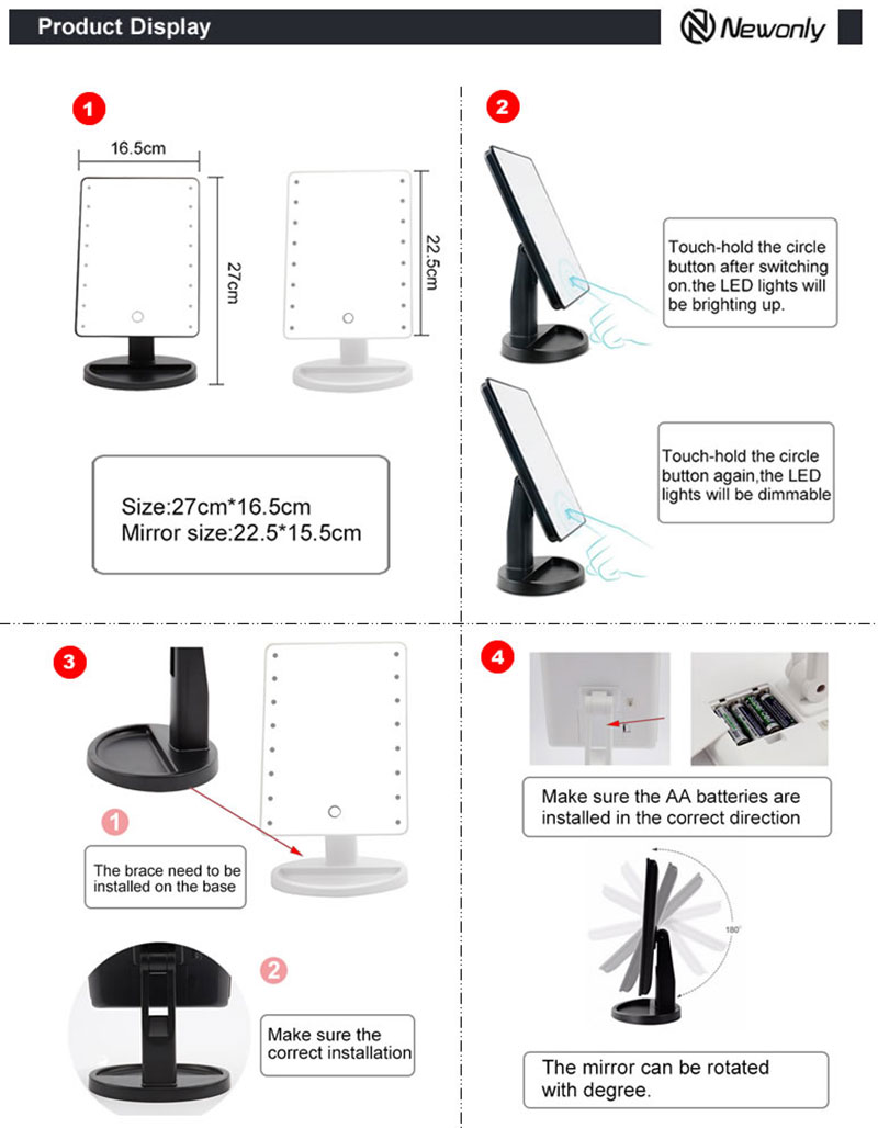 Smart Touchscreen Makeup Mirror with Built-In 16 LED Lights