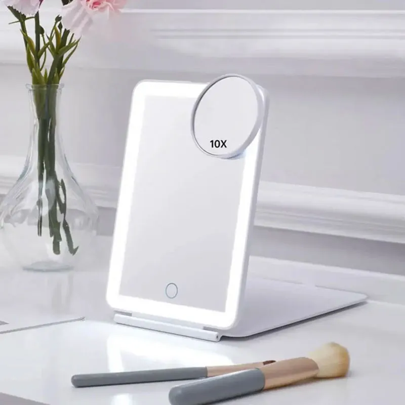 Miroir de maquillage LED portable 3 couleurs avec miroir grossissant 10x