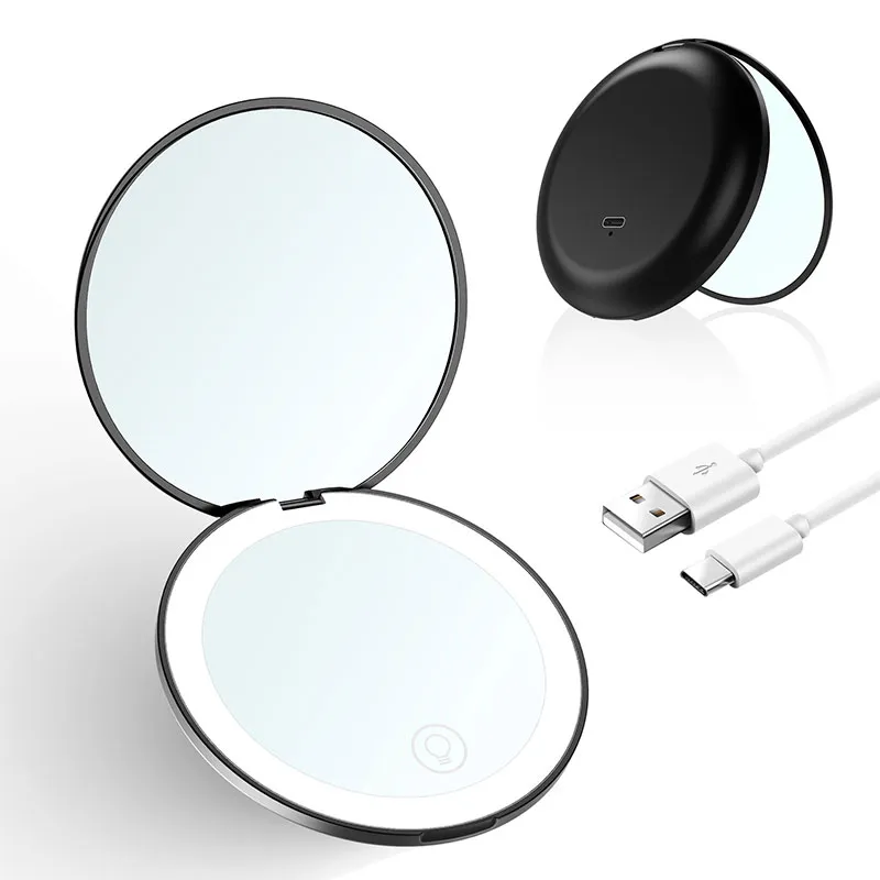 Portable Pocket Round Hand Makeup Mirror with LED Lights