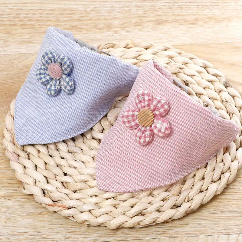 Pet fine check Korean style small flower triangle towel cat collar