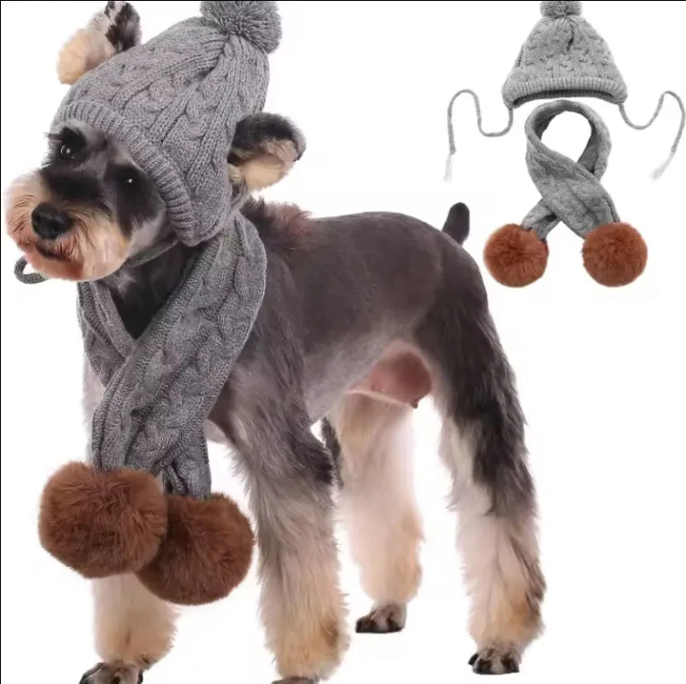 Winter Knitted Pet Apparel Accessories Dog Hat Scarf Set Christmas Warm Cat Dog Grey Neck Ear Warmer Hood Party Decoration
