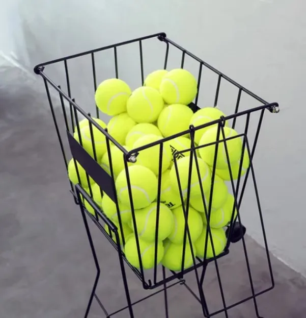 Foldable tennis ball hopper with wheels, standing tennis ball pickup basket