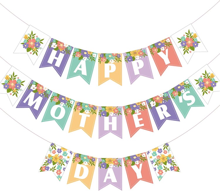 Happy Mother's Day Hang Paper Card Long Bunting Flower Printed Mother's Day Holiday Banner