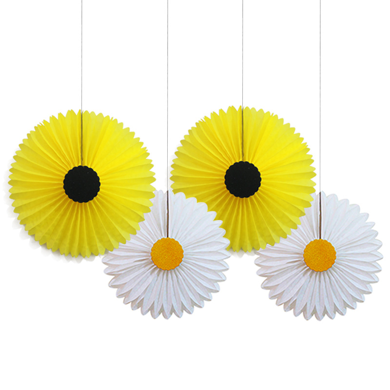 Mother's Day Hanging Tissue Paper Fan Decoration Set Yellow White Paper Fans