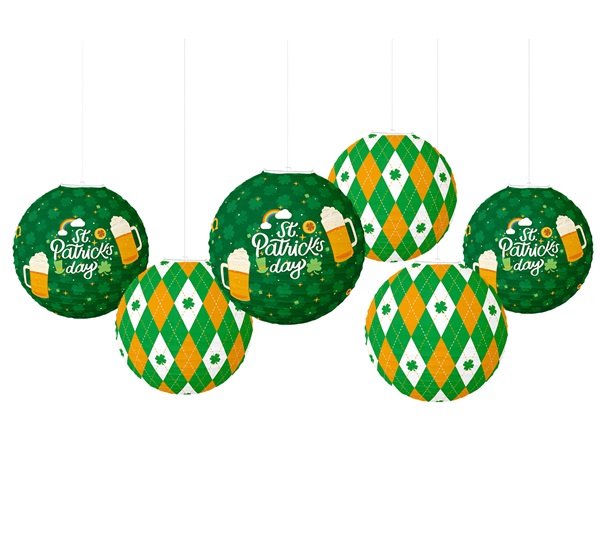 St Patrick's Day Haning Paper Lanterns Set Party Decor Green Shamrock Clover Irish Dtylish Round Paper Lanterns