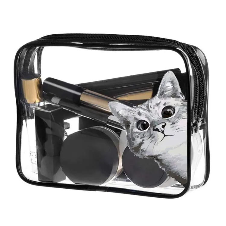 Sac cosmétique de voyage de PVC de sac de maquillage imprimé par chat clair imperméable