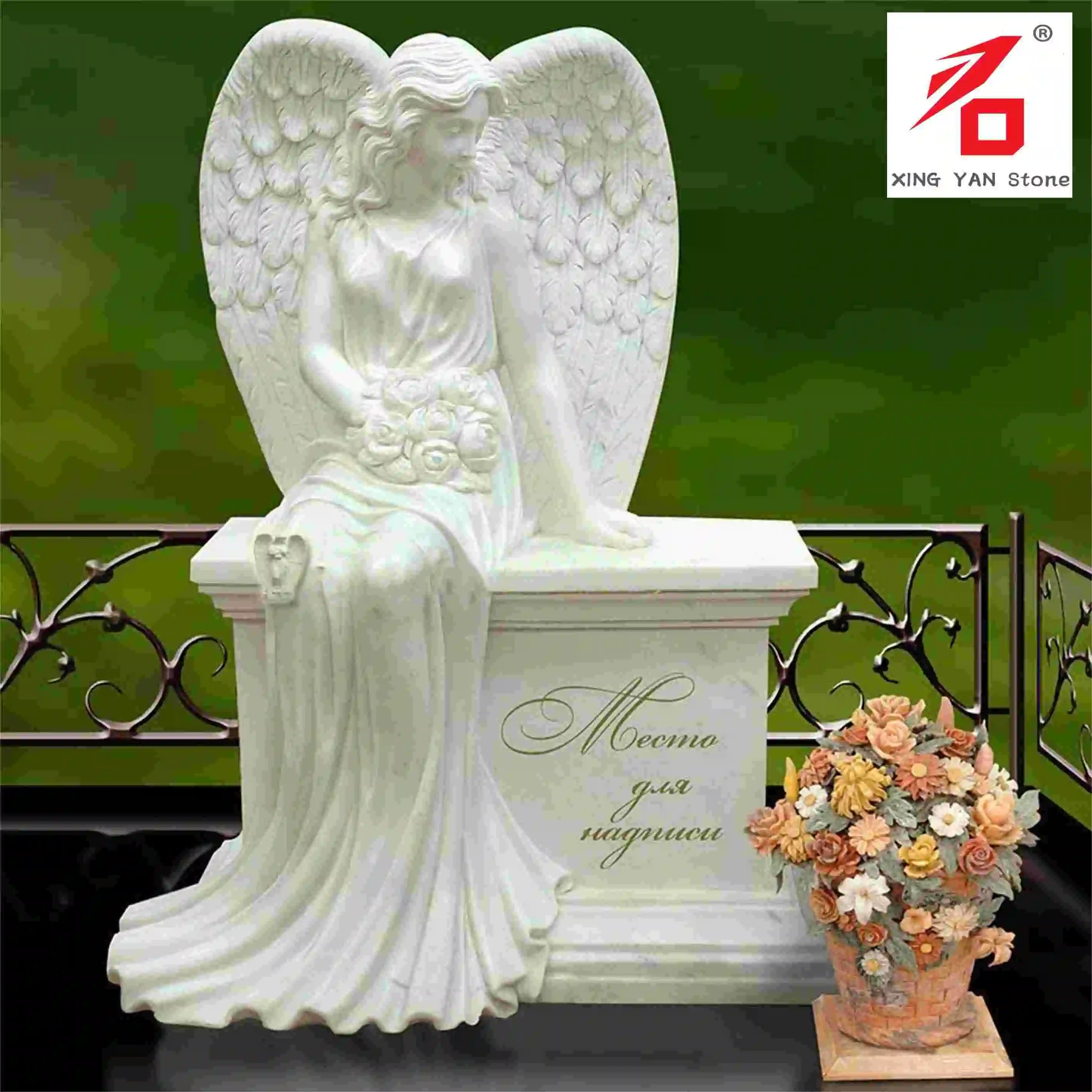 White Granite Bench with Sitting Angel Statue