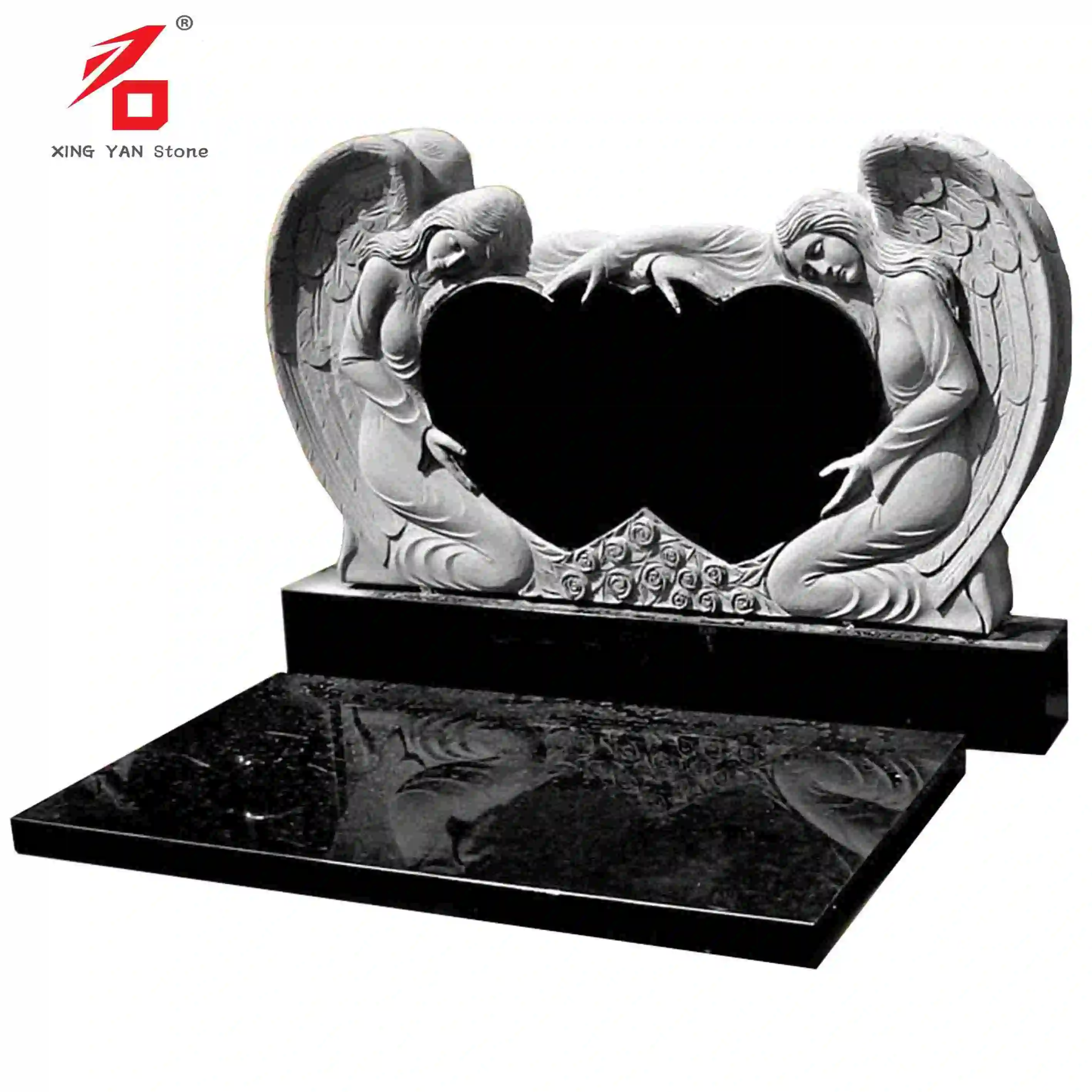 Double angels embrace heart-shaped tombstone