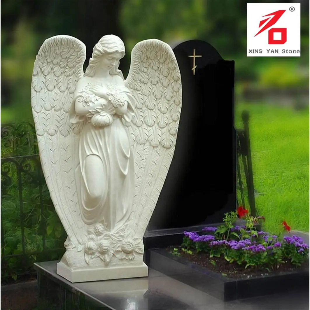 Granite Tombstone With Marble White Angel Statue