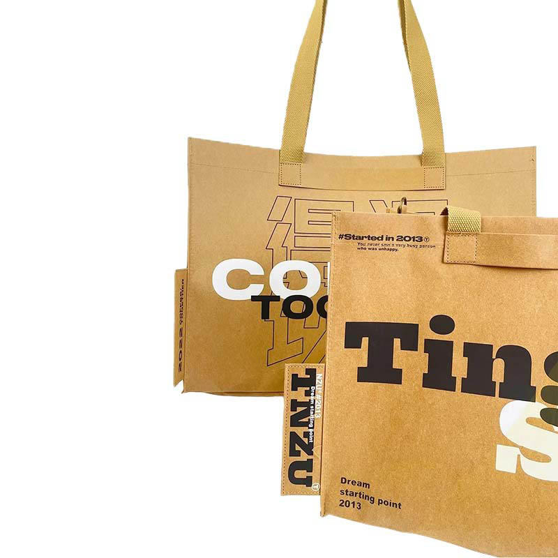 Washable Kraft Paper Tote Bag With Pocket