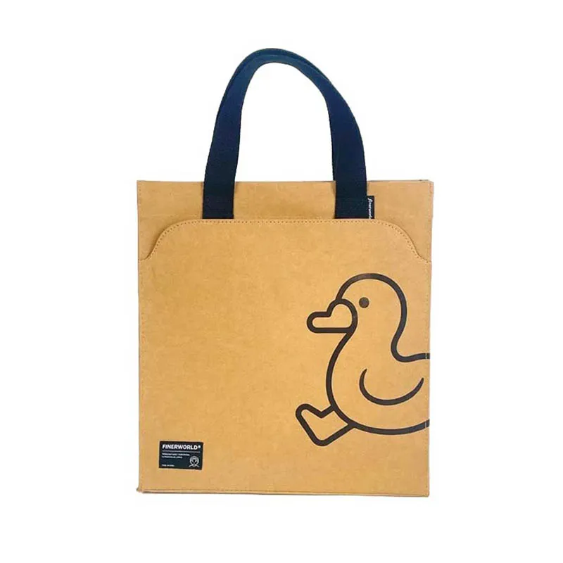 Washable Kraft Paper Tote Bag With Front Pocke