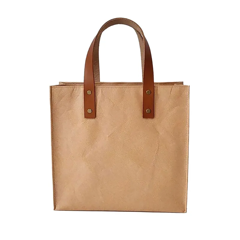 Washable Kraft Paper Tote Bag With Pu Handle