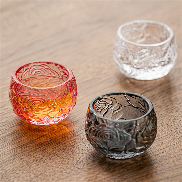 Embossed rose glass tea cup