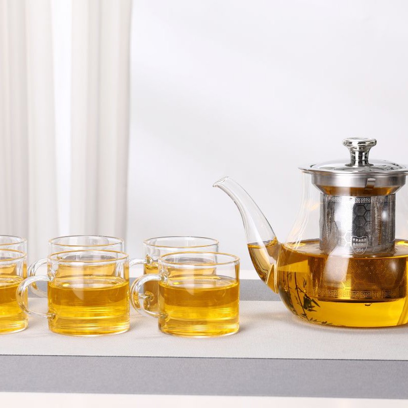 Glazen theeservies voor één pot en zes kopjes