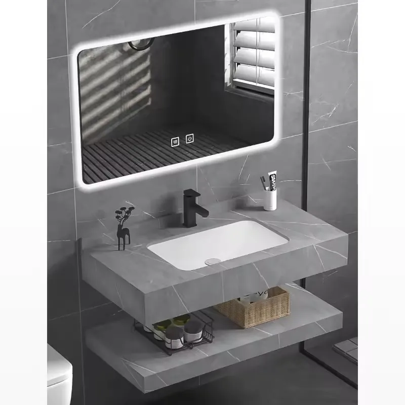 Double-layer wall hung rectangle lavabo LED mirror marble pattern wash basin solid surface cabinet hand wash basin bathroom sink