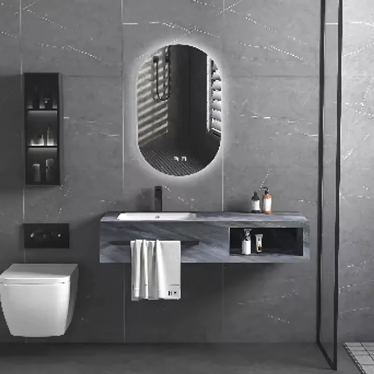 Luxury Marble Bathroom Vanity With Led Mirror New Design Rock Slate Bathroom Vanity Cabinet With Ceramic Basin And Towel Shelf