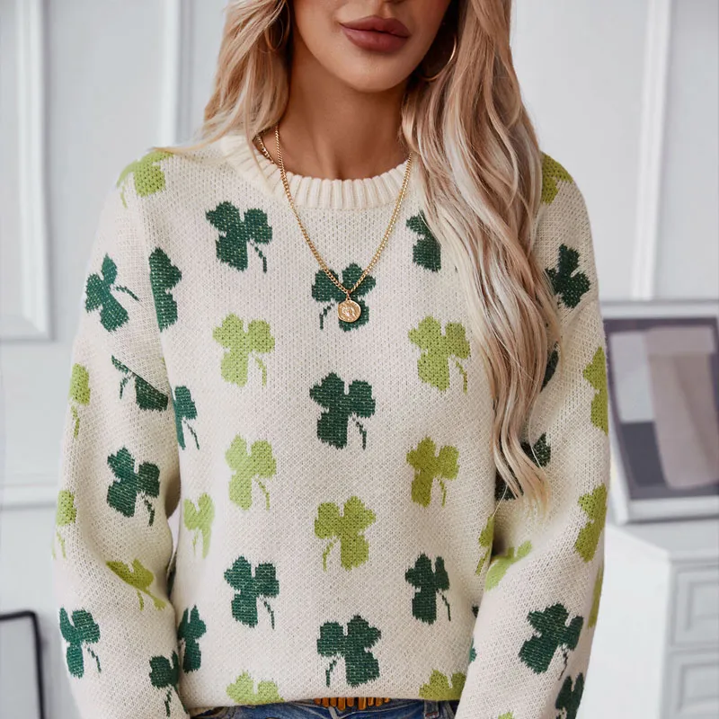 Clover Jacquard Dress Round Neck Pullover Sweater