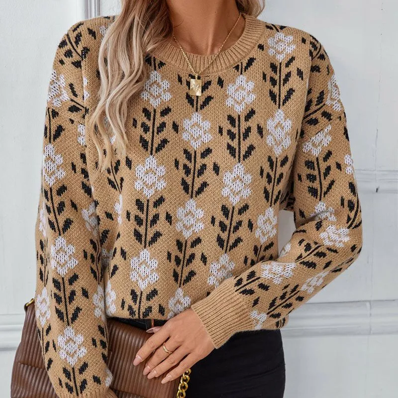 Flower Jacquard Crew Neck Pullover Knit Sweater