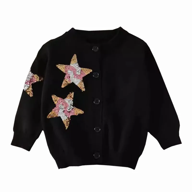 Star Pattern Button Black Cardigan Sweater Children