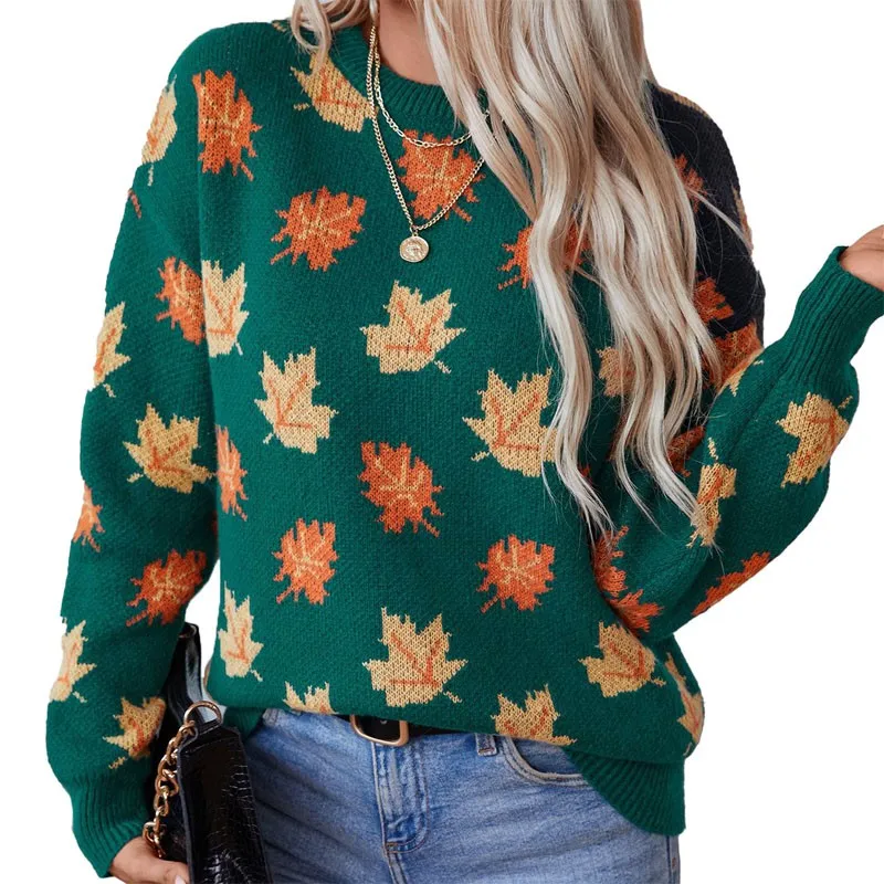 Women Maple Tree Leaves Round Neck Sweater