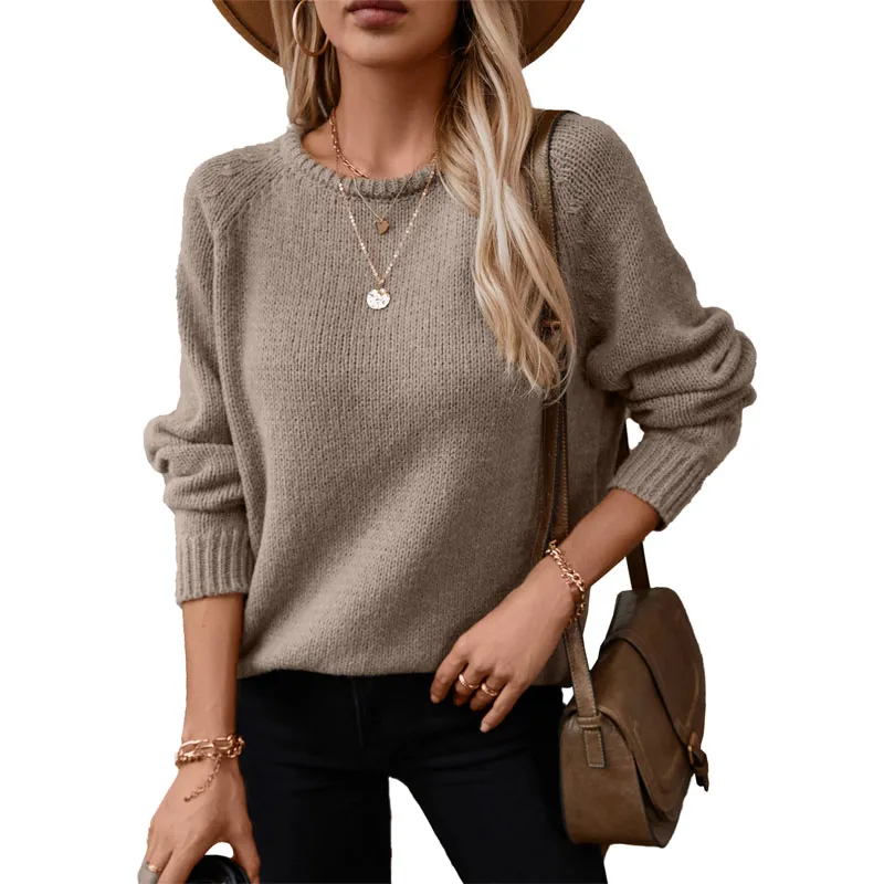 Women Round Neck Pullover Hem Sweater