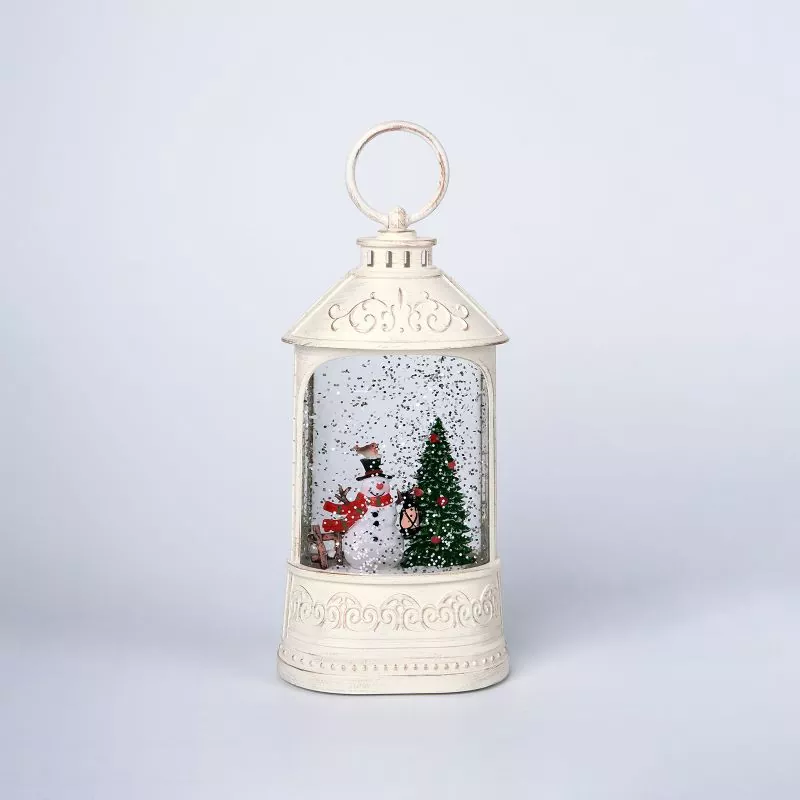 White Lantern Snowman Snow Globe