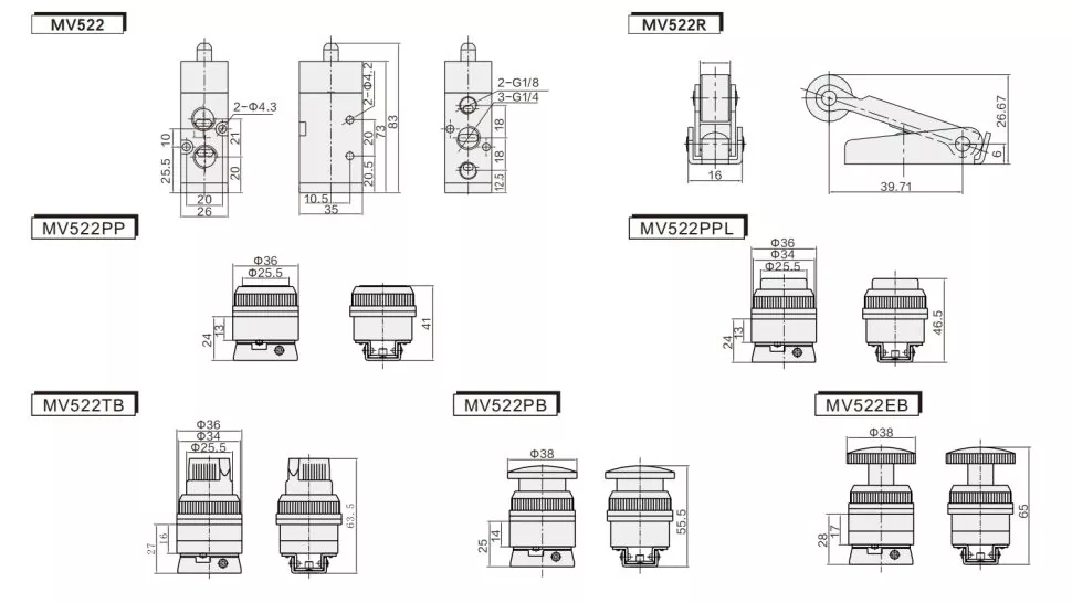 MV522 Series Mechanical Button Control Valve 5 Way