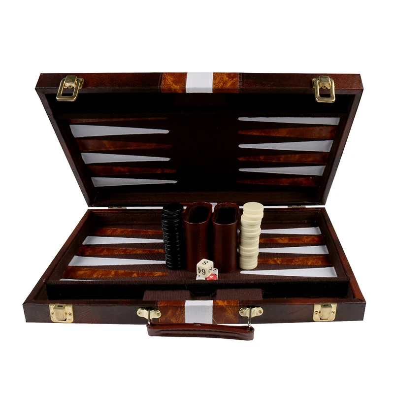 Dark Brown PU Leather Case Complete Accessories Backgammon Game Set