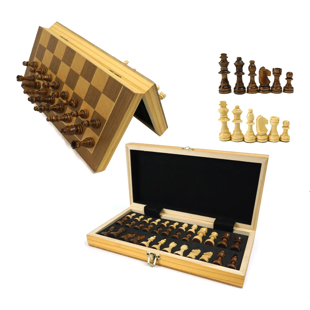 مجموعة شطرنج مغناطيسية من الخشب الصلب الكلاسيكي بلون الخشب الأصلي صديقة للبيئة